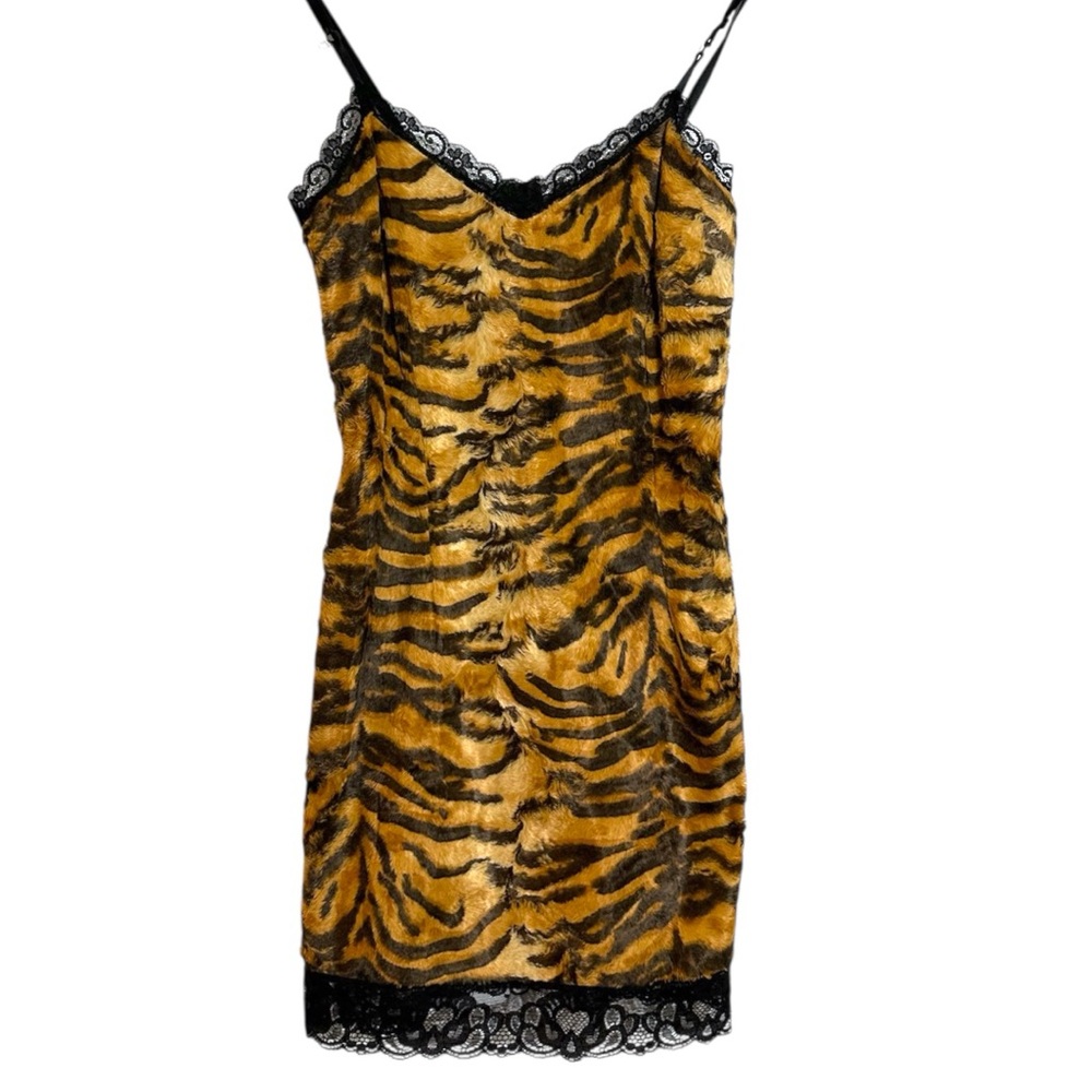 D&G Dolce & Gabbana Tiger Faux Fur Slip Dress Lace Vintage Y2K 38 (IT) / 2 (US) - Picture 1 of 11